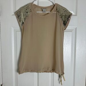 Fun & Flirt Beige Gold Sequin Y2K 2016 Summer Club Preppy Kesha Top Women Size S